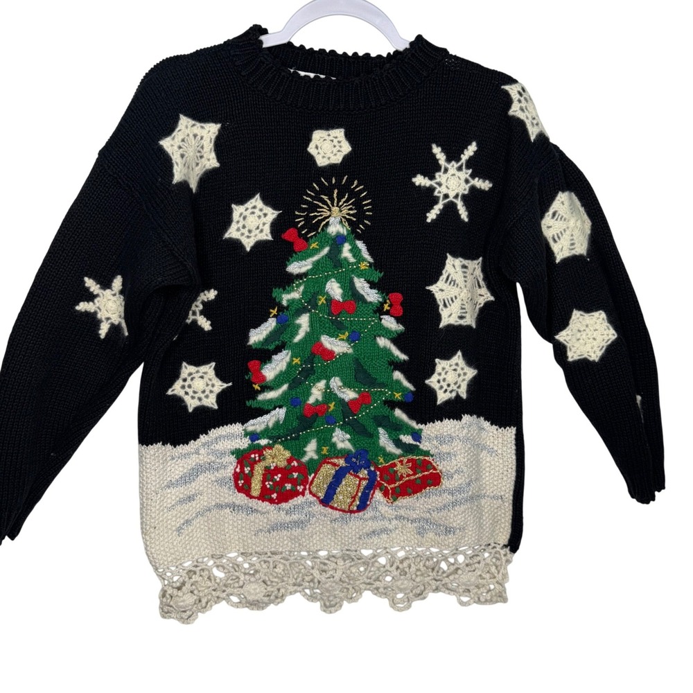 Petite Sophisticate Womens Ugly Christmas Sweater Tree Snowflakes Knit M‎